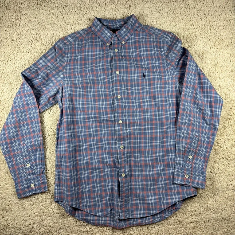 Kids Ralph Lauren Plaid Button Down Shirt Long Sleeve Classic Fit Blue Orange XL